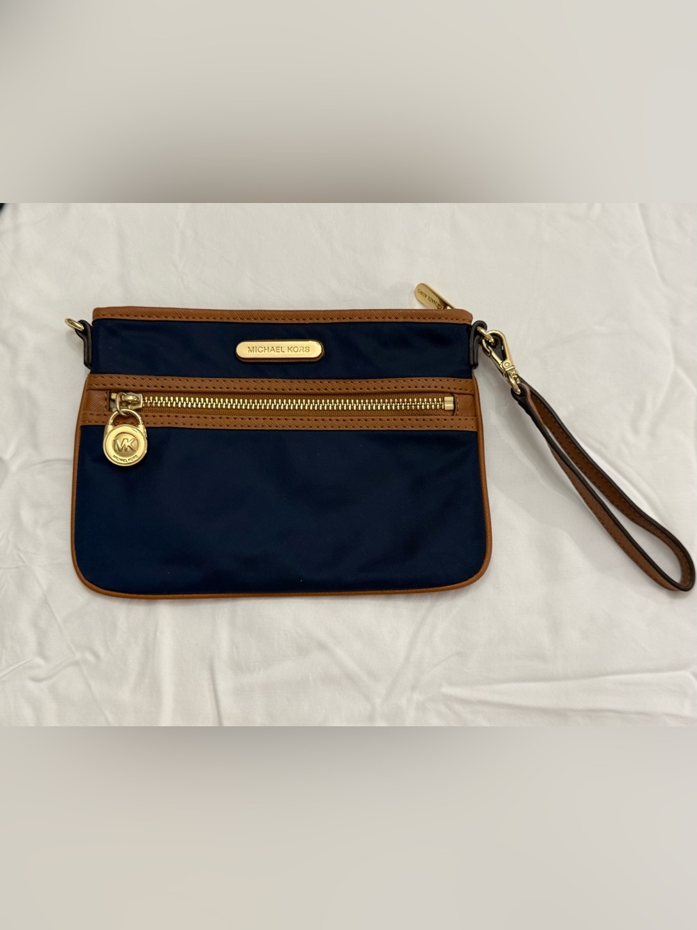 Michael Kors Navy and Tan Zip Pouch with Gold Plate